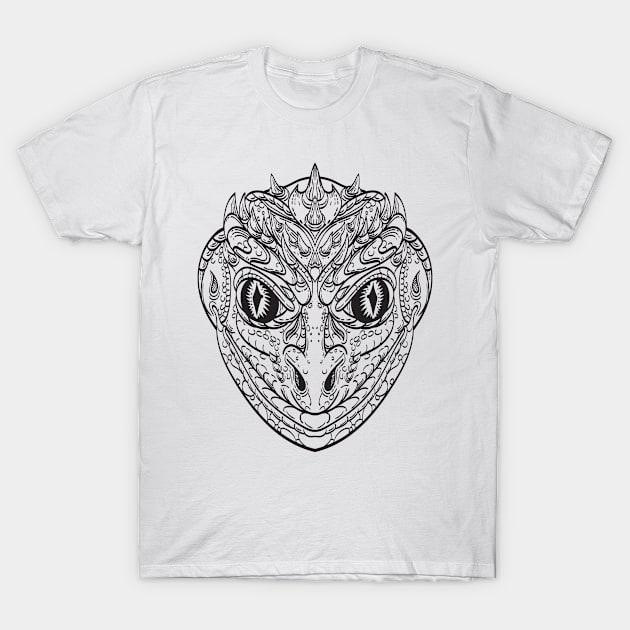 Head of a Reptilian Humanoid or Anthropomorphic Reptile Part Human Part Lizard Line Art Drawing T-Shirt by patrimonio